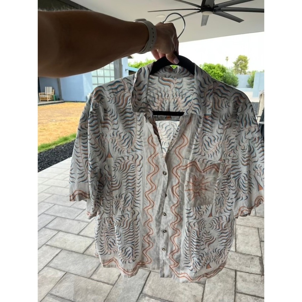 Boho Sun Face Celestial Print Short Sleeve Button Down Shirt Cream Orange Blue